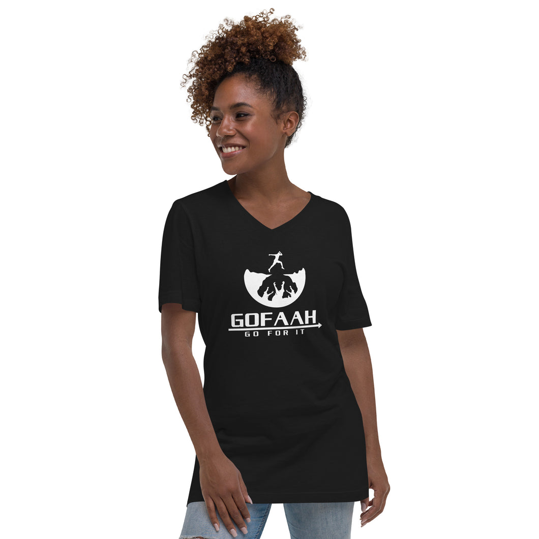 GOFAAH White Logo - Black Unisex Short Sleeve V-Neck T-Shirt